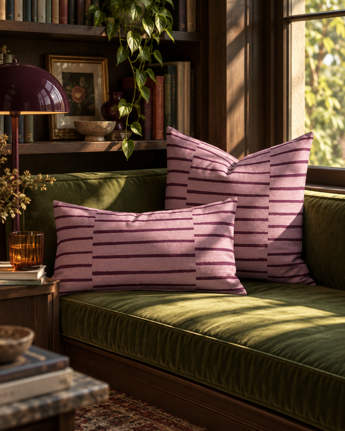 Two pink striped throw pillows displayed on an olive green velvet sofa in a cozy, sunlit room with bookshelves and a window.