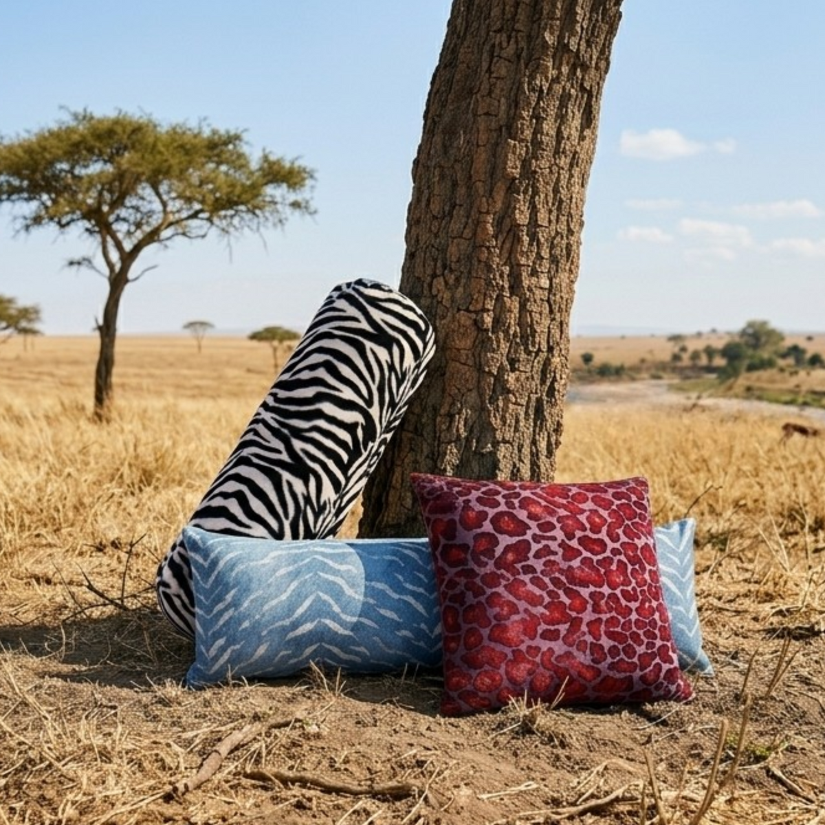 Zebra leaning against a tree with decorative pillows in a savannah setting