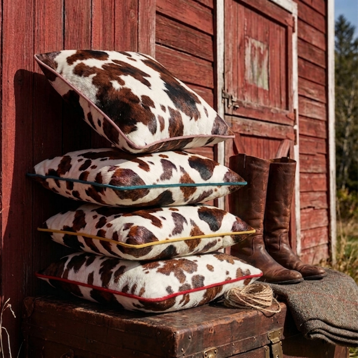 Stack of cow print pillows on a wooden chest with boots and a red barn in the background