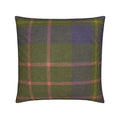 A square throw pillow featuring a classic tartan plaid pattern in olive green, purple, and pink, shown against a plain white background.