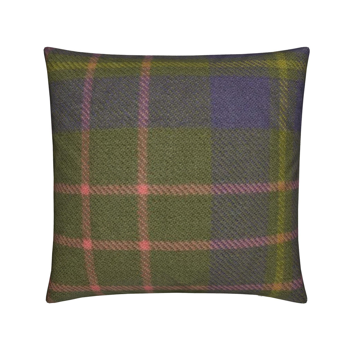 A square throw pillow featuring a classic tartan plaid pattern in olive green, purple, and pink, shown against a plain white background.