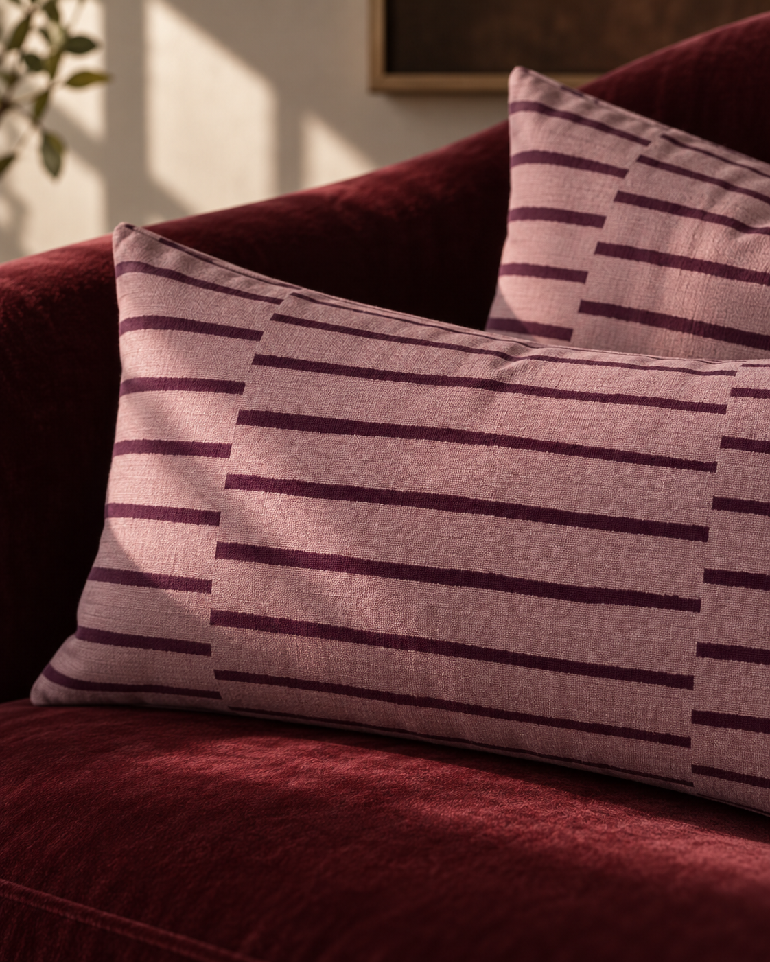 Two rectangular throw pillows with a dusty pink and dark burgundy stripe pattern, styled on a deep burgundy velvet sofa in warm natural light.