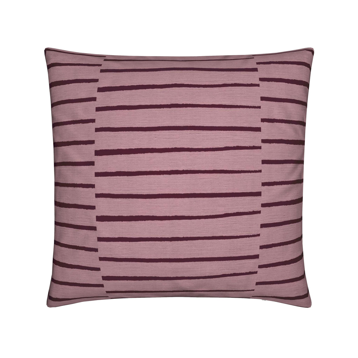 A square throw pillow featuring a textured fabric design with horizontal dark burgundy stripes on a dusty mauve-pink background, isolated on a white background.