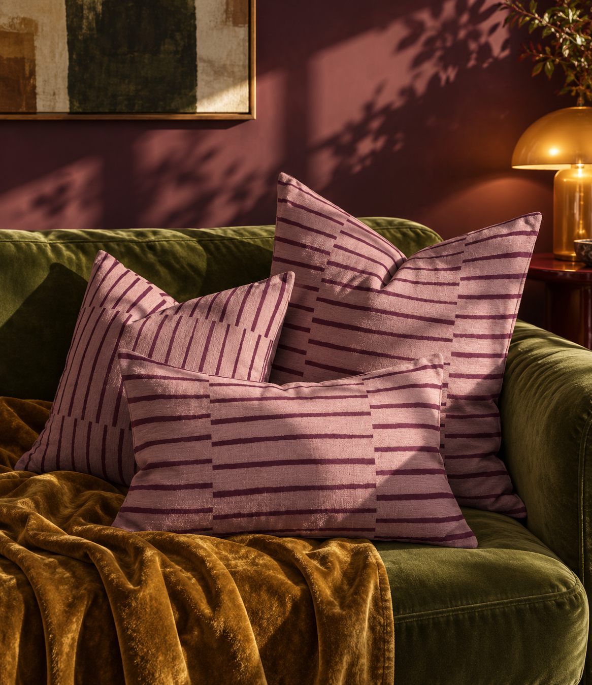 Three striped throw pillows in a dusty mauve and purple colorway arranged on an olive green velvet sofa with a gold velvet throw blanket, set against a dark burgundy wall with warm sunlight and shadow patterns.