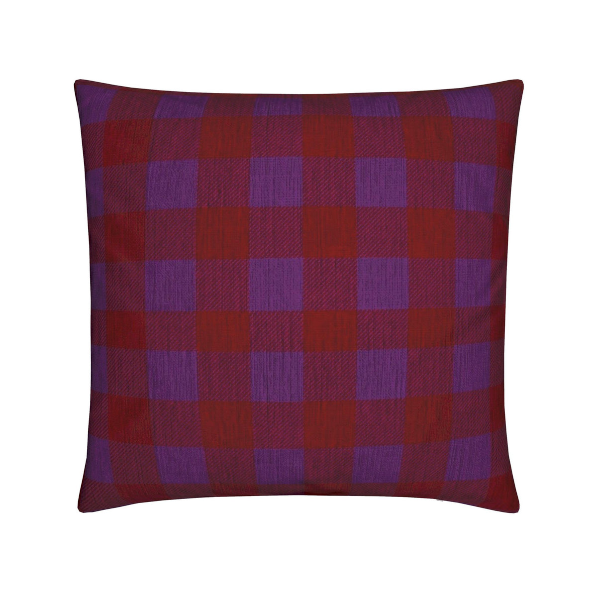 A square throw pillow featuring a classic red and purple buffalo plaid pattern, shown against a plain white background.
