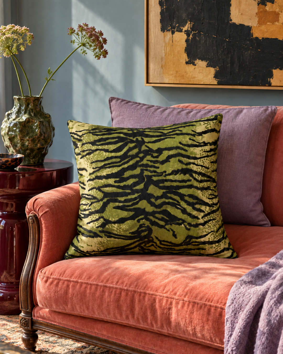 Velvet Green Tiger Print Pillow Cover