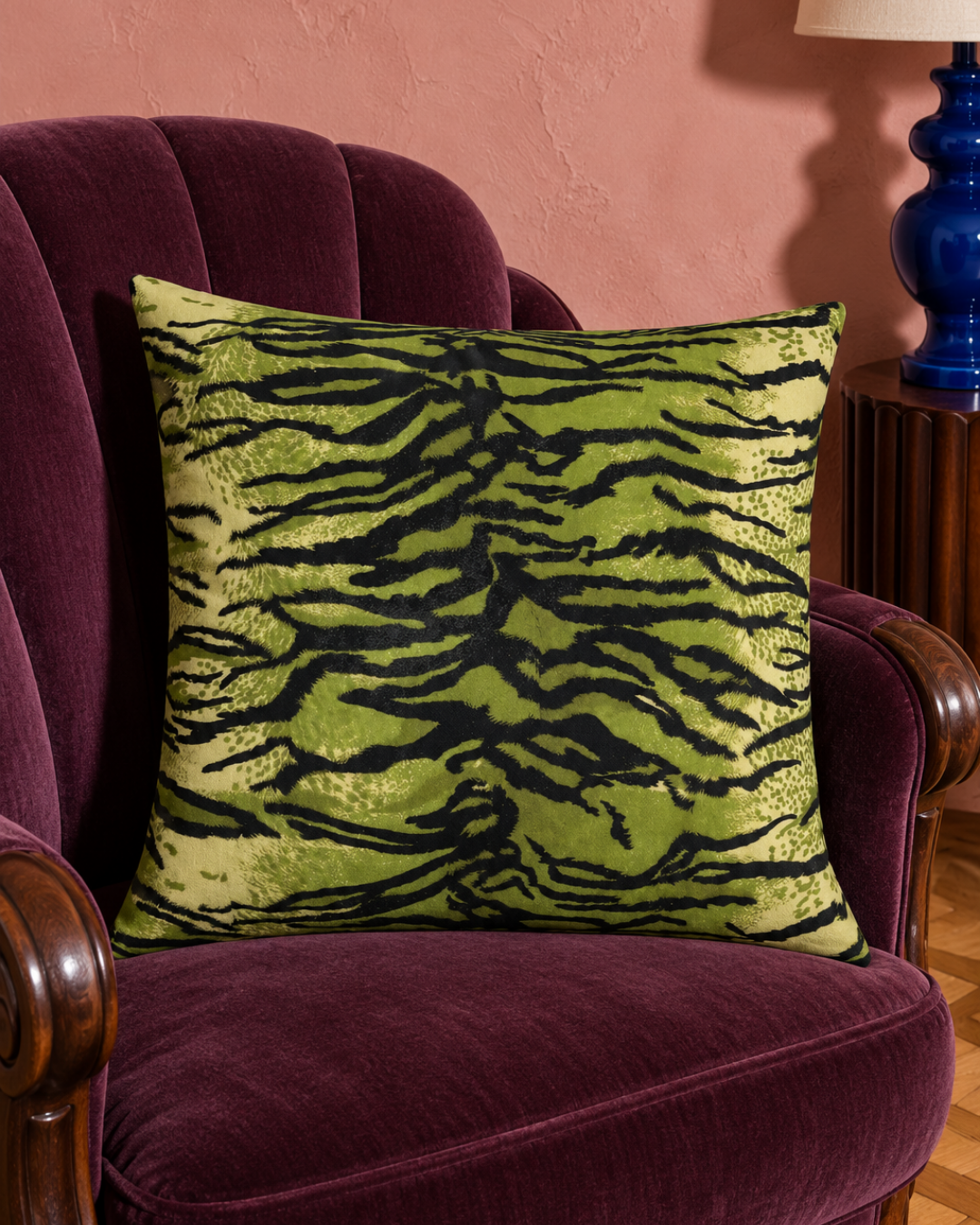 Velvet Green Tiger Print Pillow Cover